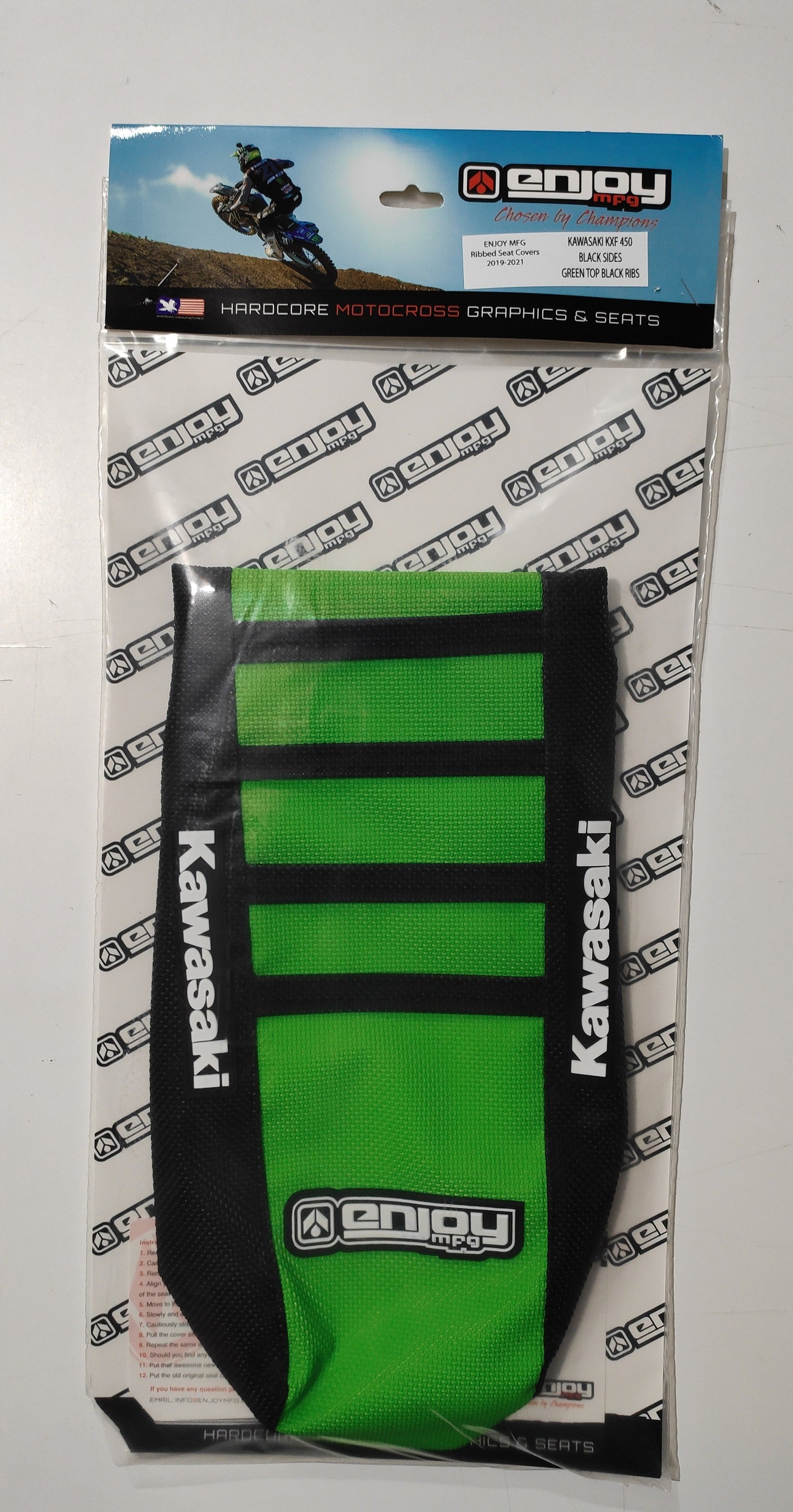 Enjoy Manufacturing Kawasaki Seat Cover KXF 450 2016 - 2018 Ribbed Logo, Black / Green / Black