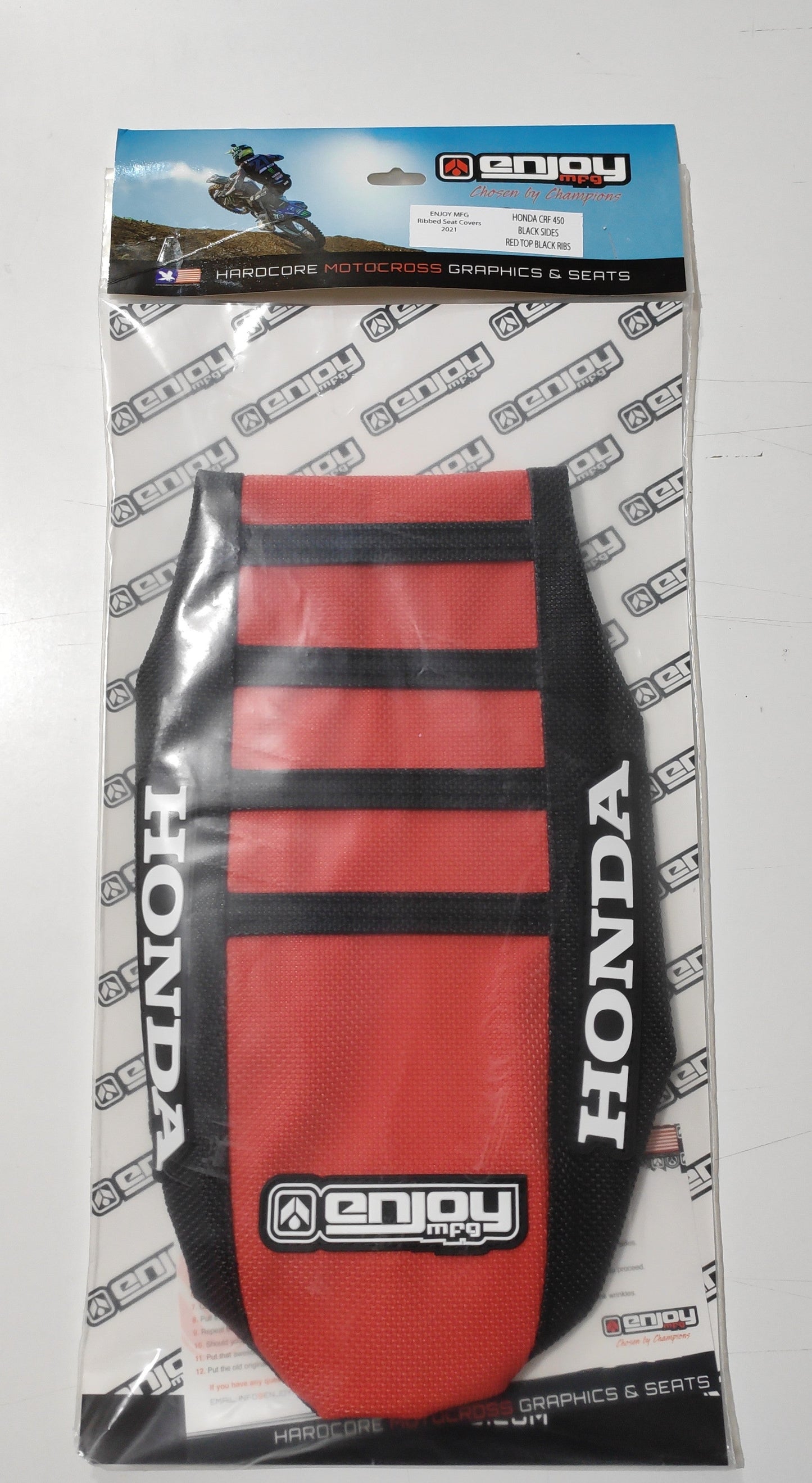 Enjoy Manufacturing Honda Seat Cover CRF 250 R 2022 - 2023 CRF 450 R 2021 - 23 Ribbed Logo, Black / Red / Black