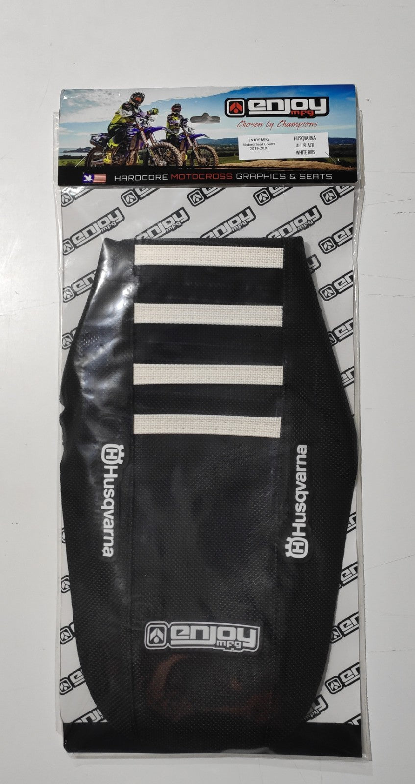 Enjoy Manufacturing Husqvarna Seat Cover TC FC 2014 - 2015 TC 250 TE FE 2014 - 2016 Ribbed Logo, Black / White