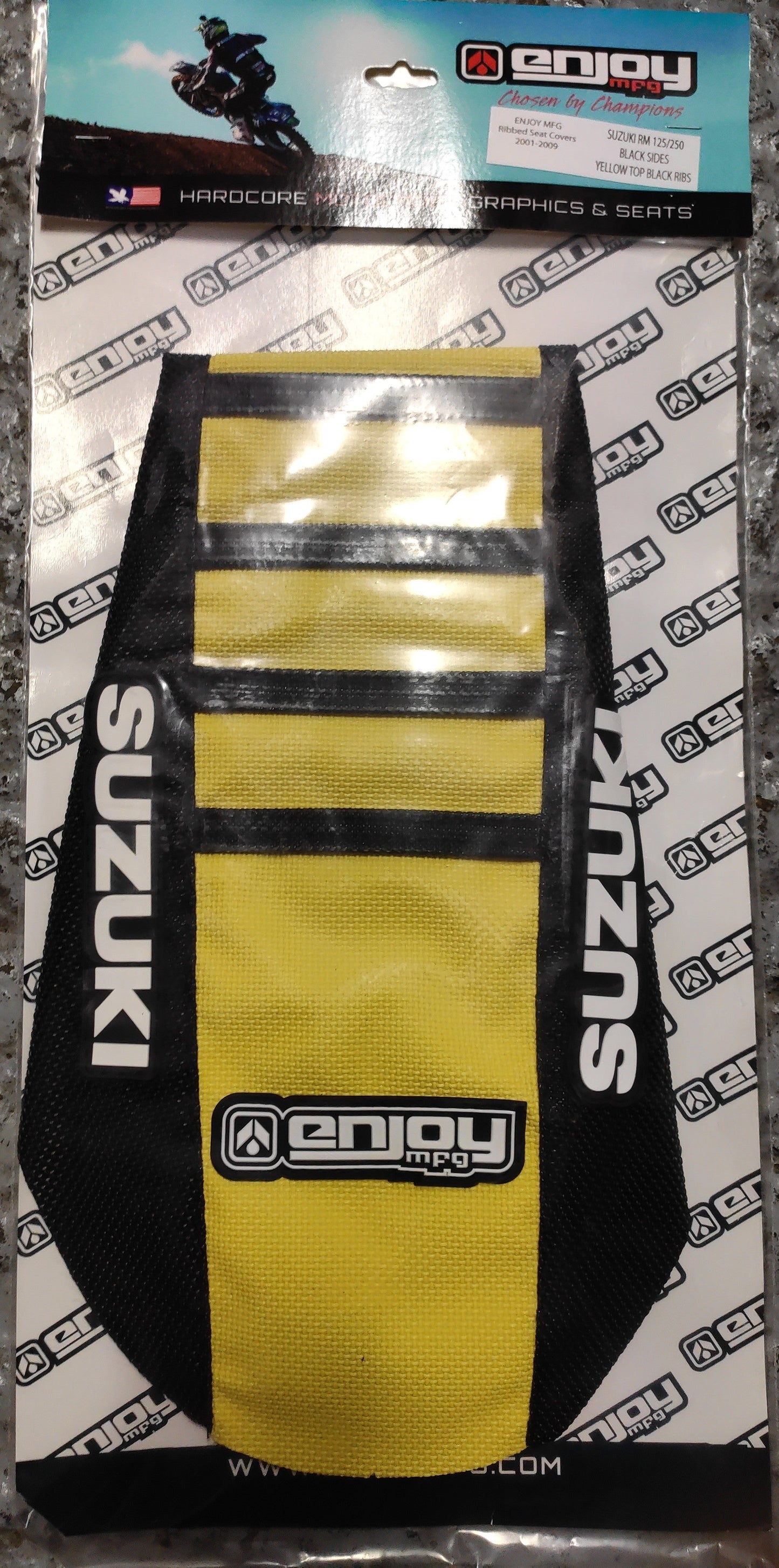 Enjoy Manufacturing Suzuki Seat Cover RMZ 250 2010 - 2018 Ribbed Logo, Black / Yellow / Black