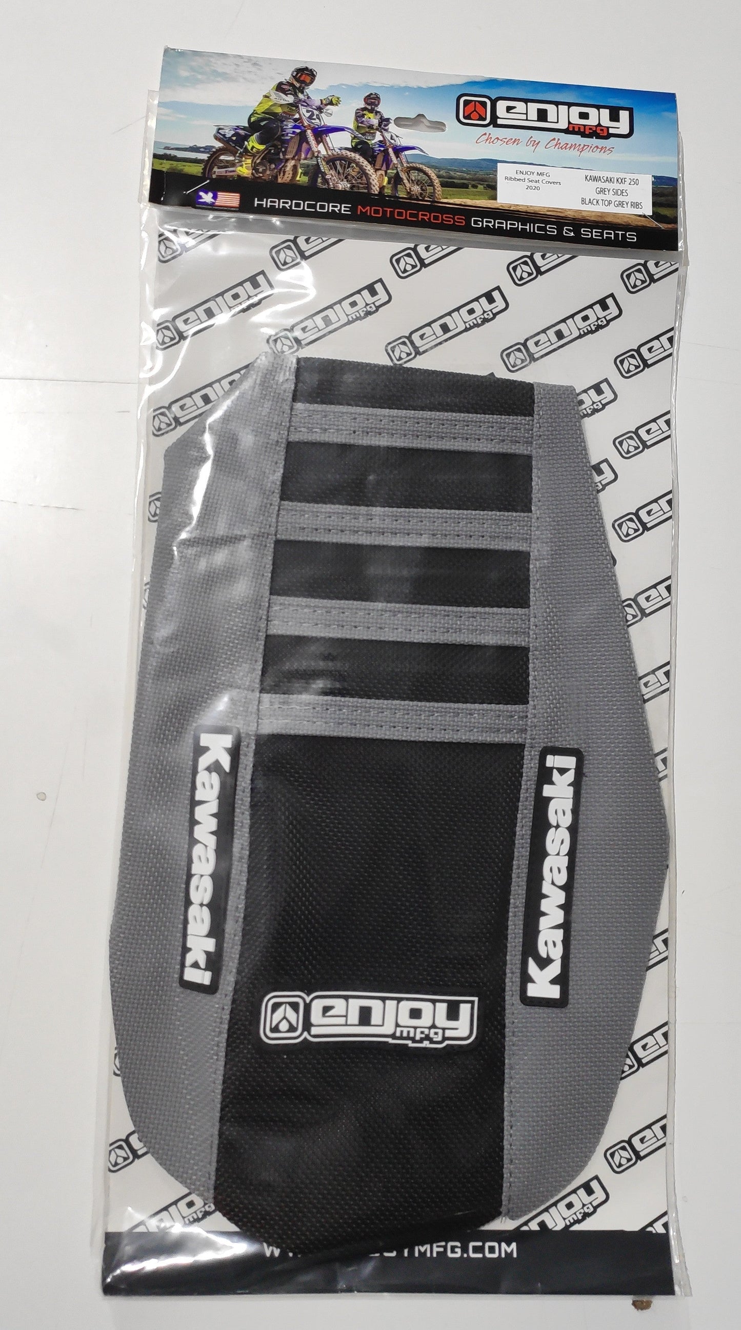 Enjoy Manufacturing Kawasaki Seat Cover KX 125 KX 250 2003 - 2008 Ribbed Logo, Grey / Black / Grey