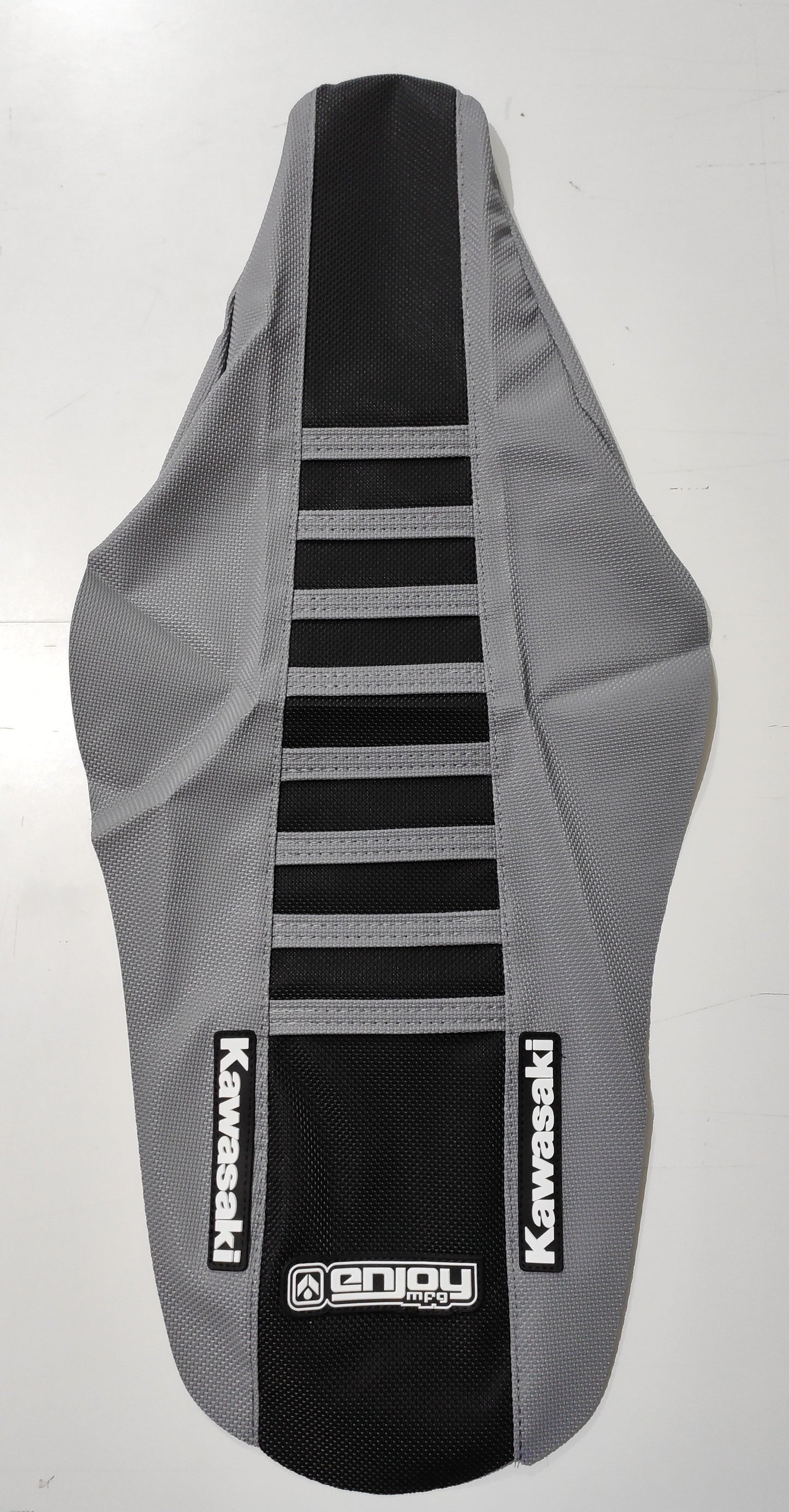 Enjoy Manufacturing Kawasaki Seat Cover KX 250 2021 - 2022 KX 450 2019 - 22 Ribbed Logo, Grey / Black / Grey